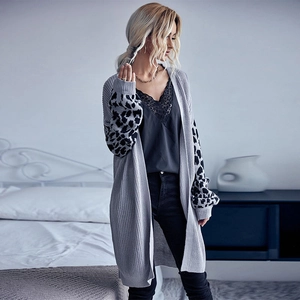 Elegant grey knit cardigan with leopard print sleeves and a long open-front design for women