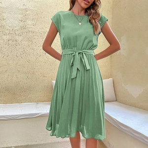Sage green sleeveless pleated maxi dress with round neck and adjustable waist tie