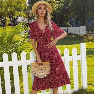 French style burgundy polka dot V-neck midi dress with bow tie and ruffle sleeves