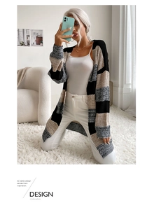 Detailed knit texture of a long-sleeved color block striped cardigan for women