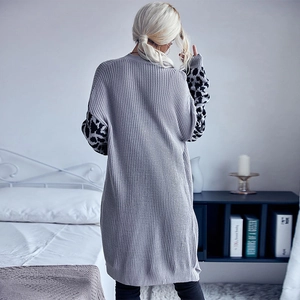 Light gray knit leopard print cardigan for women in a long casual open front style