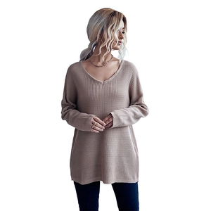 Women's khaki waffle knit sweater featuring a loose fit V-neck design for autumn winter