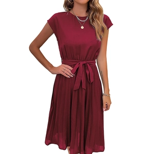 Elegant burgundy sleeveless pleated dress with a crew neck and self-tie waist belt