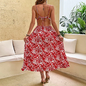Red floral maxi dress with spaghetti straps and open back detail for summer beach vacations