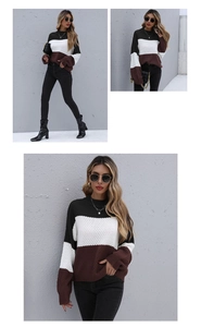 Detailed knit texture and color-block design of the tricolor crewneck pullover sweater