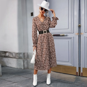 French style floral V-neck midi dress in brown with white patterns and pearl buckle belt