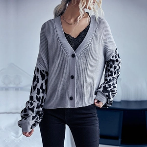 Leopard Patchwork Knit Cardigan Women Grey Long Sleeve V Neck Single Breasted Loose Casual Fashion Sweater Outwear