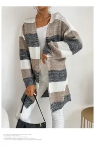 Detail of color-block knit cardigan showing thick texture and striped pattern on long sleeve
