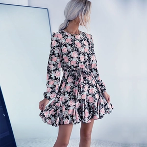 Robe Courte Élégante pour Femmes Imprimé Floral Manches Longues Col Rond Taille Nouée Ourlet à Volants Décontracté Look Mousseline