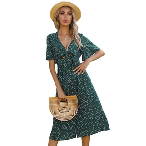 French style dark green polka dot V-neck midi dress with bow tie and button front