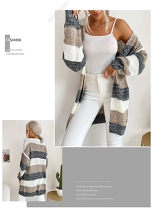 Detail of loose-fit striped knit cardigan with navy, camel and white color block design