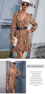 Detail of V-neck wrap dress with leopard print pattern and ruffled hemline accents