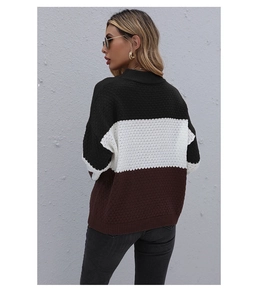 Detail of three-tone color block knit sweater showing thick texture and drop shoulder