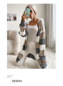 Detail of multi-color striped long cardigan featuring thick knit texture and open front