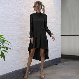 Elegant black long-sleeved dress with tiered ruffle skirt and asymmetrical high-low hem