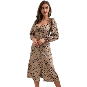 Elegant leopard print long sleeve midi dress with sweetheart neckline and button front