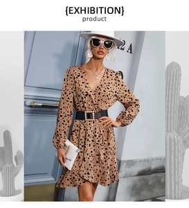 Detail of leopard print dress featuring V-neckline, long sleeves, and black pearl buckle belt
