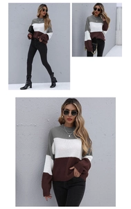 Detailed views of women's color block sweater featuring waffle knit texture and crew neck