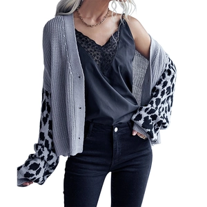 Fashionable leopard print patchwork knit cardigan with a black lace camisole for women