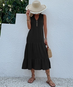 Detail of V-neck sleeveless tiered dress with button-down front in casual summer style