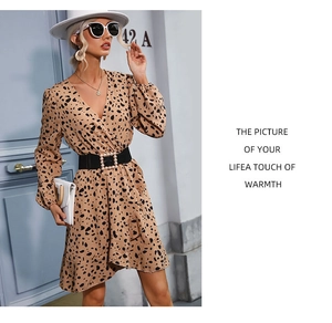Detail of V-neck leopard print dress with long sleeves and black pearl buckle belt