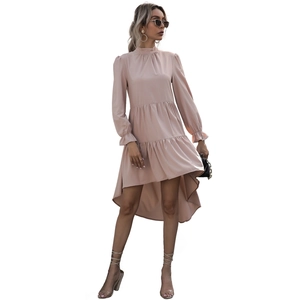 Elegant high-neck pleated ruffle dress with asymmetrical high-low hem in light pink