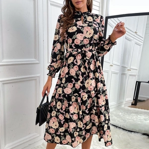 Robe Longue Élégante Femme Imprimé Fleuri Manches Longues Col Montant Taille Nouée Ourlet à Volants Vintage Ligne A