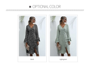 Detail of floral chiffon dress with ruffle sleeves, V-neck and front slit in black and green