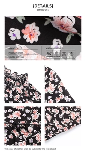 Close-up of floral print fabric, ruffle collar design and stitching details on a black dress
