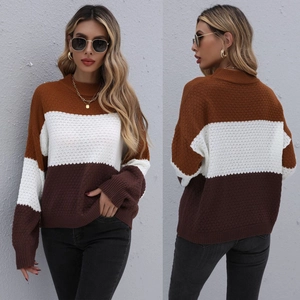 Women's Patchwork Crewneck Knit Pullover Sweater Long Sleeve Loose Casual Color Block Soft Warm Winter Autumn Top