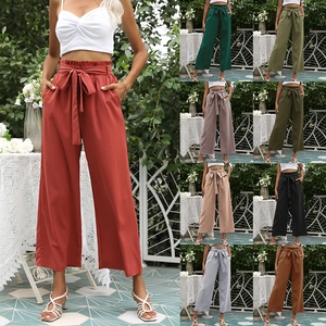 Pantalon à Jambes Larges à Taille Haute pour Femmes Taille Paperbag Couleur Unie Pantalon Court Décontracté Avec Ceinture à Nouer Poches Pantalon de Mode d'Été