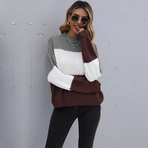 Women's crew neck patchwork knit sweater with gray white and brown color block design