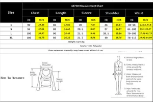 Detailed size chart for V-neck polka dot dress with 100% polyester fabric measurements