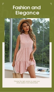Close-up of pink floral sleeveless mini dress featuring layered hem and pleated waist