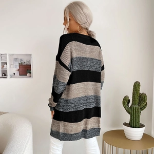 Long knit cardigan with black, grey-blue, and beige horizontal stripes in a loose fit