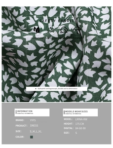 Detailansicht der atmungsaktiven Blumenstoffstruktur und Größentabelle für das Sommerkleid