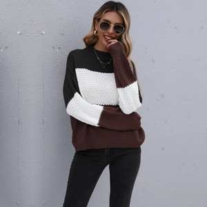 Women's color block crew neck sweater in black, white and brown with drop shoulders