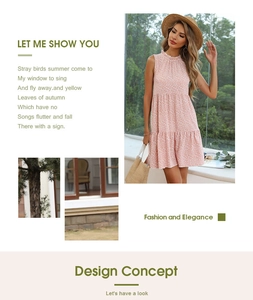 Detail of ruffled stand collar and tiered floral sleeveless summer dress in light pink
