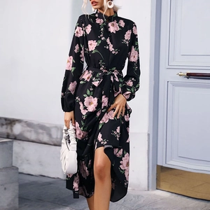 Robe Maxi Élégante pour Femme Imprimé Floral Col Montant Manches Longues Taille Nouée Ourlet à Volants Robe Vacances Fête