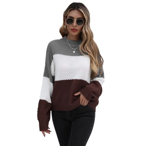Women's color block crewneck knit sweater with gray white and brown long sleeves