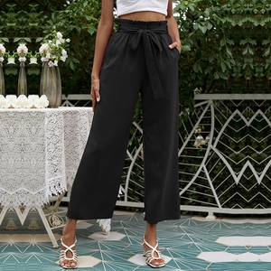 Pantalon large noir à taille haute pour femme avec taille volantée et ceinture à nœud