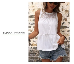 Detail of elegant white lace sleeveless top with hollow拼接 and ruffled hem design
