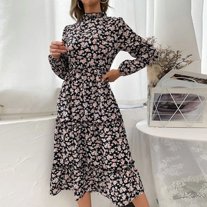 Women Elegant Floral Print Midi Dress Semi-High Neck Tiered Ruffle Cake Skirt Long Sleeve High Waist A-Line Dress