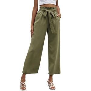 Pantalon large taille haute vert olive pour femme avec taille plissée et ceinture assortie