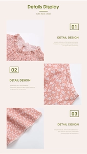Detail display of floral dress showing ruffled neckline and fine hemline stitching