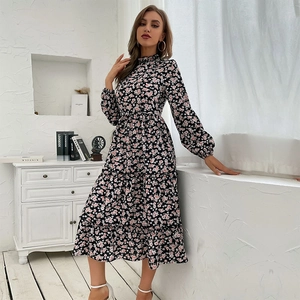 Floral midi dress with high neck and long sleeves in black fabric with pink print details