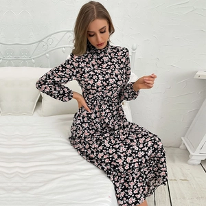 Elegant high-neck long-sleeve floral midi dress with a cinched waist for casual wear