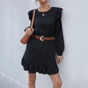 Women Elegant Black Ruffle Trim Long Sleeve Mini Dress Solid Round Neck Loose Fit Vintage Hepurn Style Short A-Line Dress