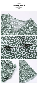 Details des dunkelgrünen Blumenkleides mit V-Ausschnitt und Rüschen am Saum