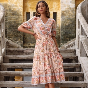 Abito Midi Bohemien Scollo a V Stampa Floreale Donna 100% Viscosa Manica Corta a Sbuffo Gonna a Balze Vacanza Boho Elegante a Linea